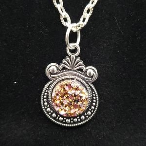 Silver Tone Pink Faux Druzy Necklace 20" chain